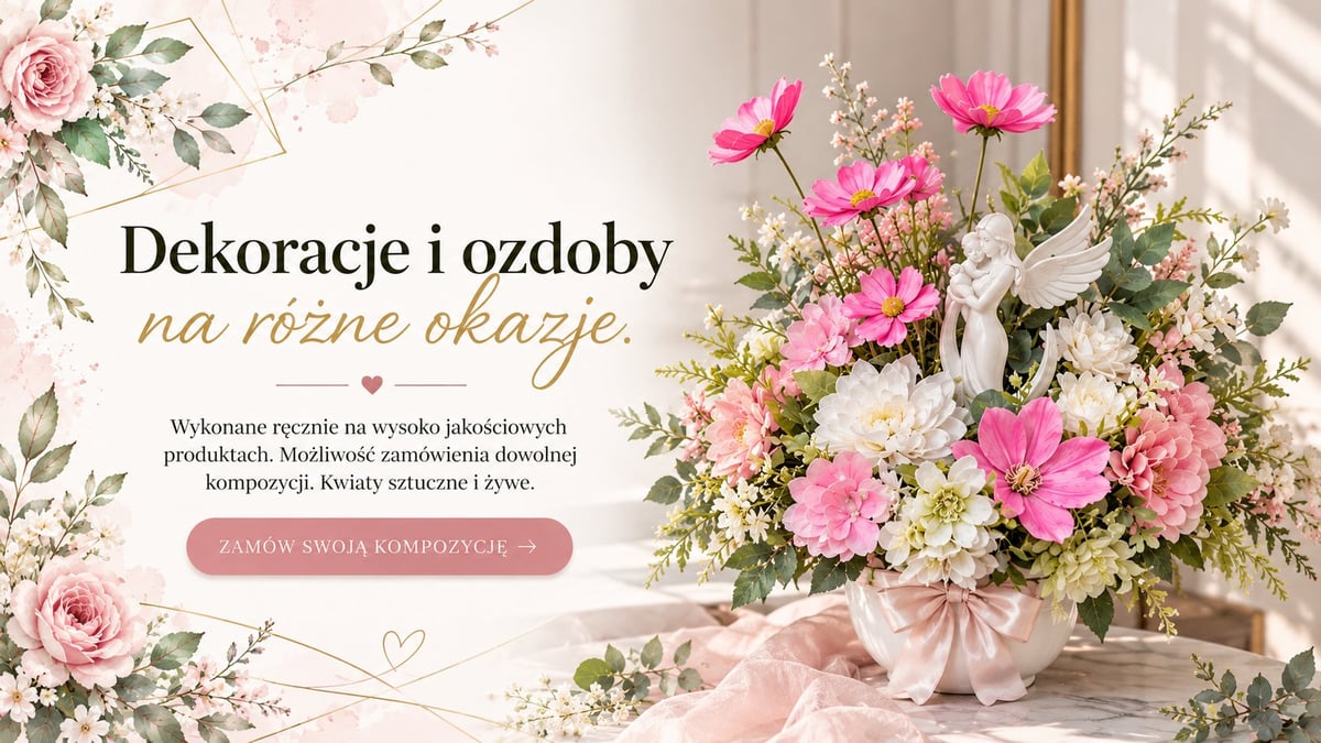 Dekoracje i ozdoby na różne okazje — banner Beauty home z bukietem różowych i białych kwiatów, ręcznie wykonane na wysokiej jakości produktach