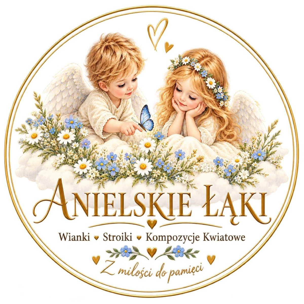 Anielskie Łąki — logo z dwoma aniołkami, stokrotkami i niebieskimi kwiatami w złotej ramie